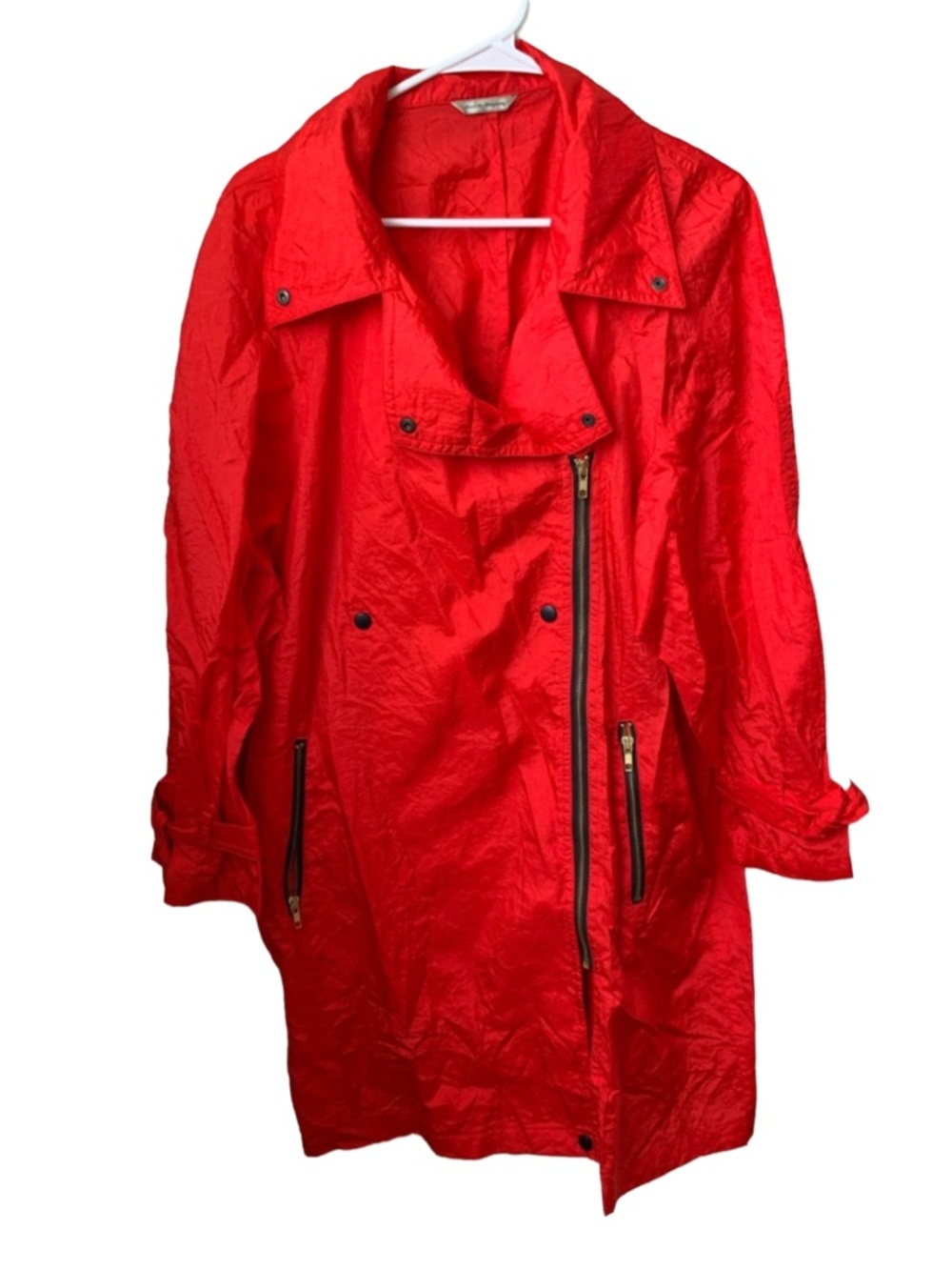 SANYO Women’s Red Crinkle Side Front Zipper Long Sleeve Unlined Trench Coat